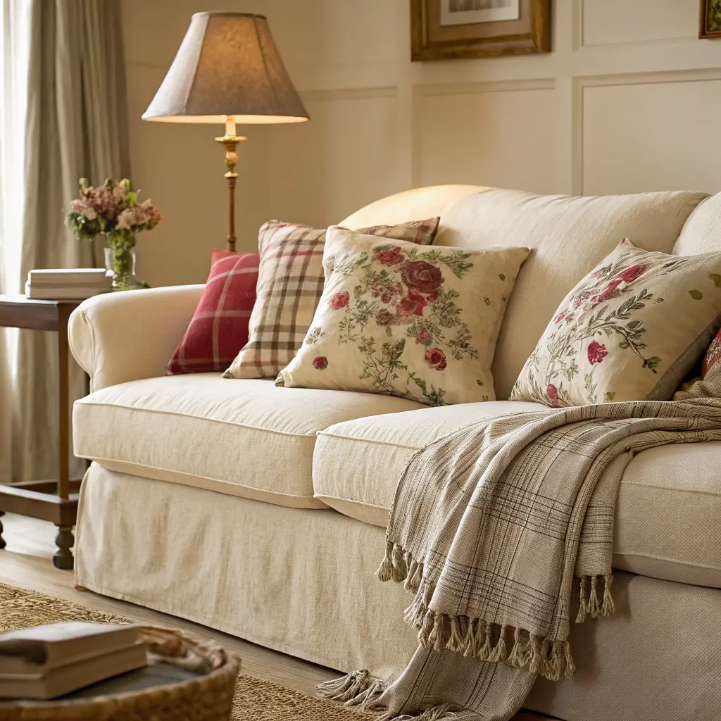 Close-up of an oatmeal linen slipcovered sofa styled with cream, sage, dusty rose floral, garnet plaid, and ticking stripe cushions, plus cream and sage throws, lit by warm morning light with a brass floor lamp behind.