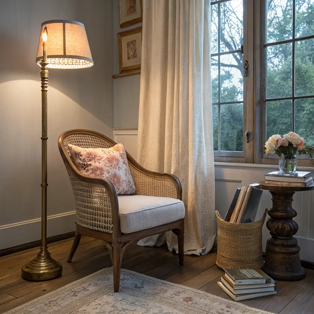 Country chic reading nook at blue hour with cane-back chair, brass floor lamp, reclaimed wood side table with books and candle, linen curtains, and warm lamplight.