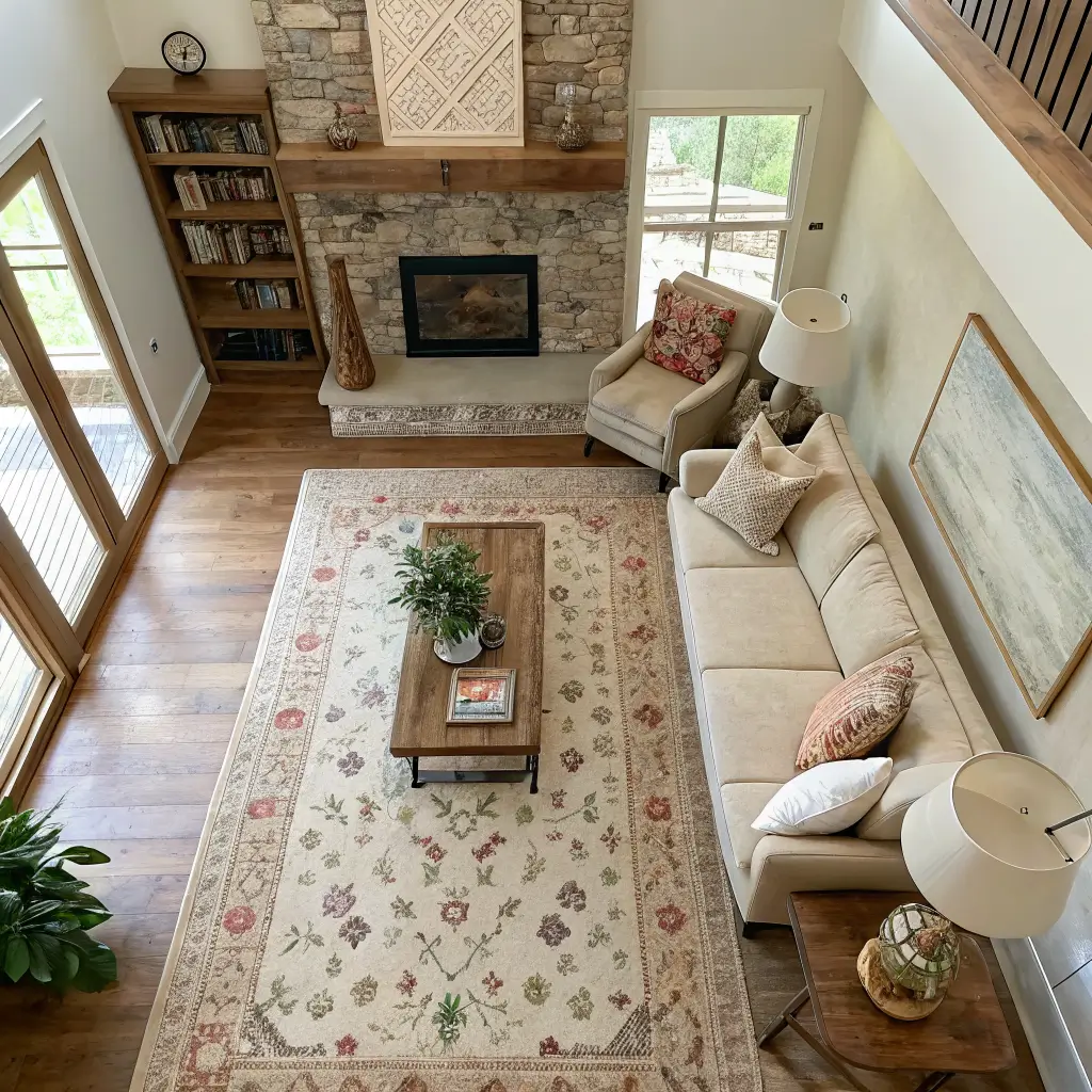 Overhead photorealistic view of a country chic living room layout with a vintage floral rug, oatmeal sofa facing a stone fireplace, cane-back chair, and reclaimed elm coffee table styled with books, eucalyptus, and brass candlesticks.