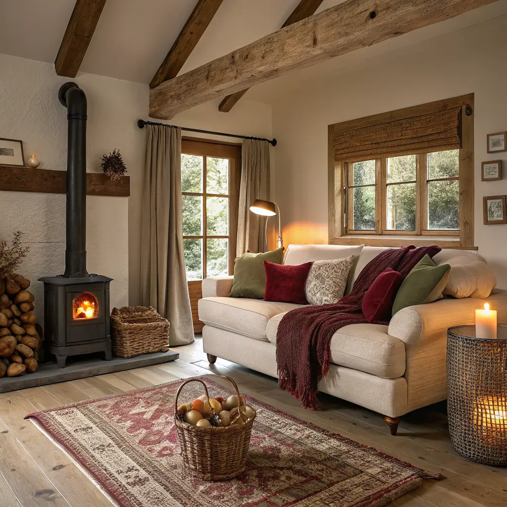 Country chic living room with oatmeal sofa, colorful wool cushions, chunky knit throw, wood stove with log basket, candlelit coffee table, vintage floral rug, and warm evening firelight.