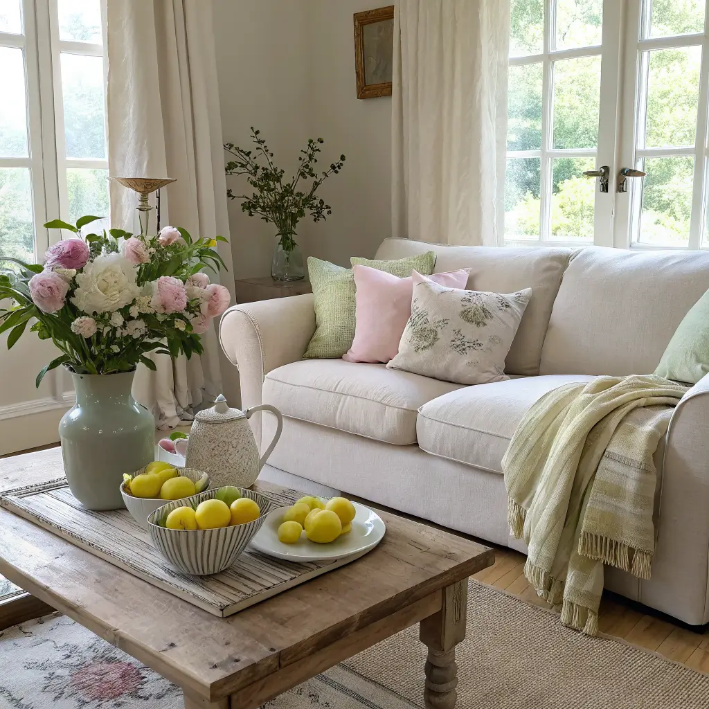 Country chic spring living room with oatmeal sofa, pastel cushions, peonies on reclaimed elm coffee table, billowing linen curtains, vintage floral rug, and brass mirror in bright late-morning light.
