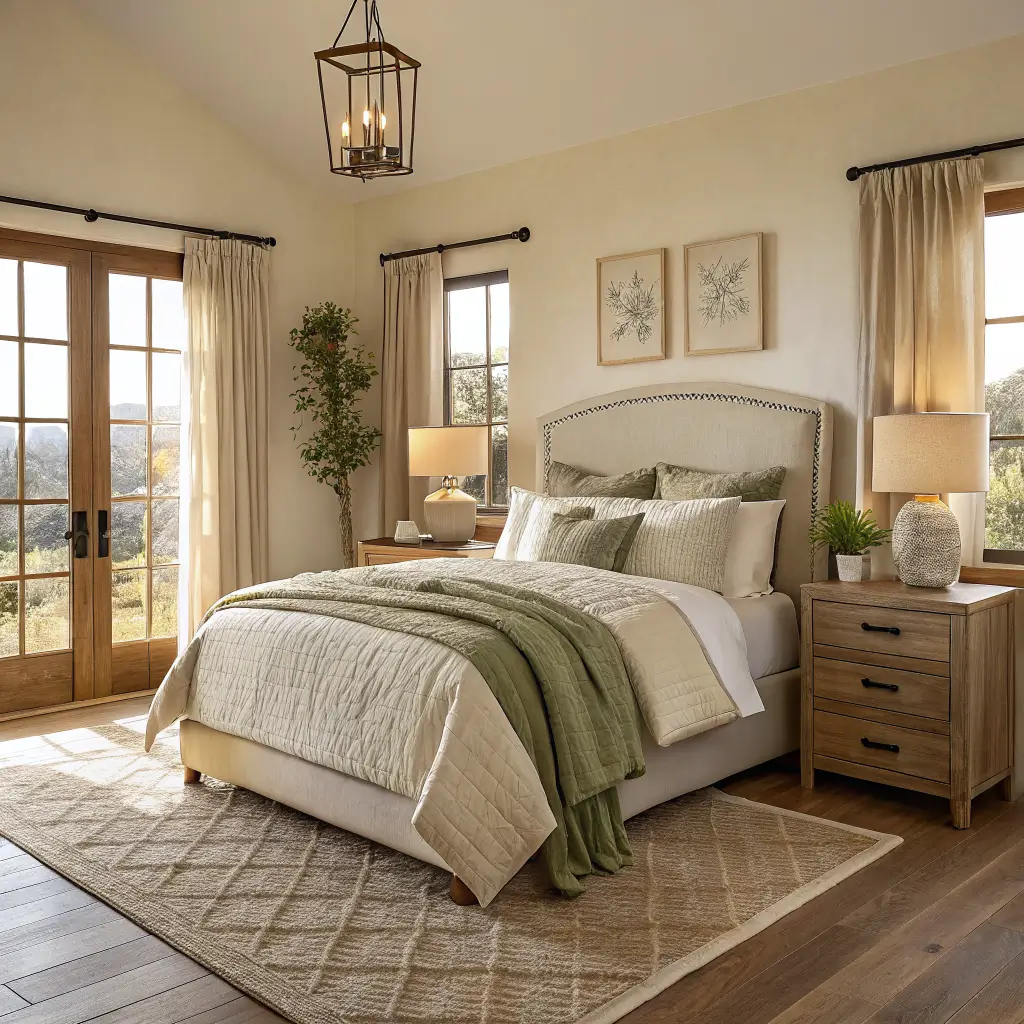 Photorealistic cozy 10x12 bedroom at golden hour with queen bed in oatmeal linen, sage quilt, ivory throw, warm cream wall, oak nightstands with glowing lamps, taupe rug, sheer curtains, and trailing pothos.