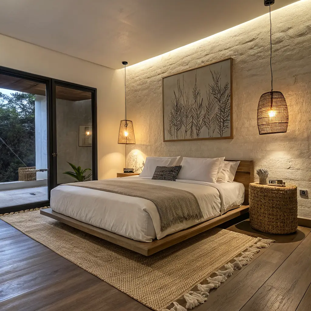 Photorealistic greige rental bedroom at dusk with low platform bed, rattan nightstand and warm lamp glow, abstract canvas, and layered jute and cream shag rugs.