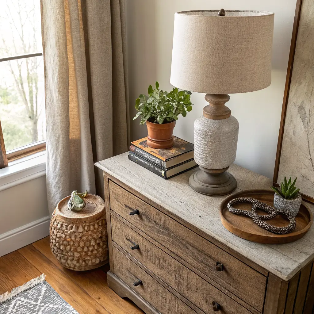 Overhead 45-degree view of a styled bedroom corner with a weathered wood dresser, thrifted stoneware lamp, stacked books, snake plant, and stone tray beside linen curtains and a wool rug in warm daylight.