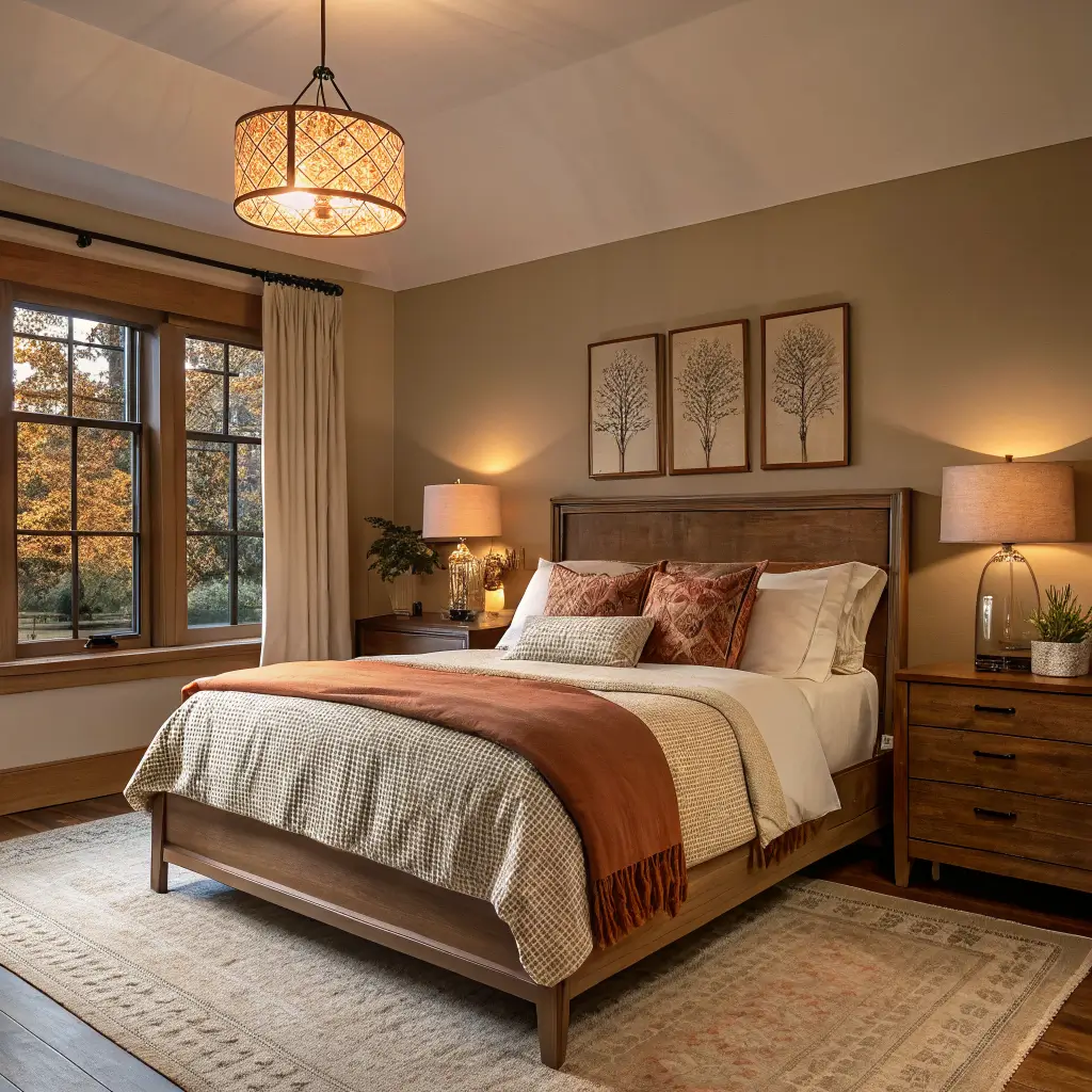 Photorealistic cozy bedroom at twilight with warm taupe accent wall, walnut bed, oatmeal linen bedding, rust quilt, cream wool throw, brass sconces, and vintage rust-and-cream rug.