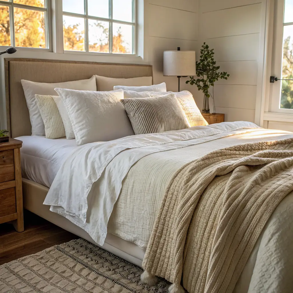 Close-up of layered queen bed with warm white sheets, oatmeal linen duvet, sage waffle quilt, ivory wool throw, and textured pillows in soft morning sunlight.