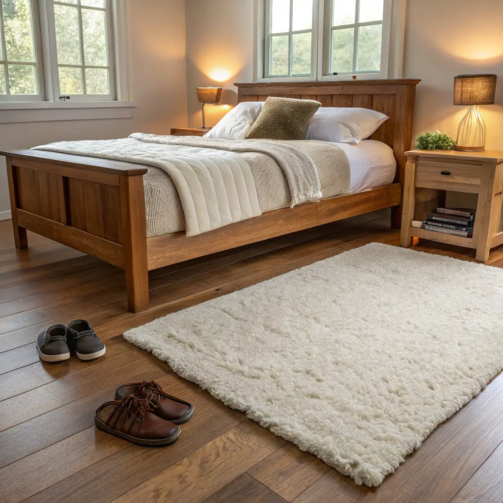 Floor-level view of a queen bed on a cream and taupe 8'x10' wool rug over warm oak floors, with leather slippers and a linen basket beside the bed in soft warm light.