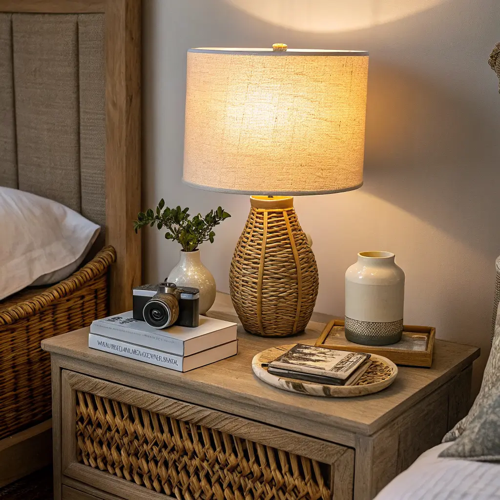 Warm evening bedroom nightstand vignette with glowing ceramic lamp, stacked books, stone dish with brass ring, and candle holder beside an oatmeal linen headboard with subtle fairy lights and distant floor lamp.