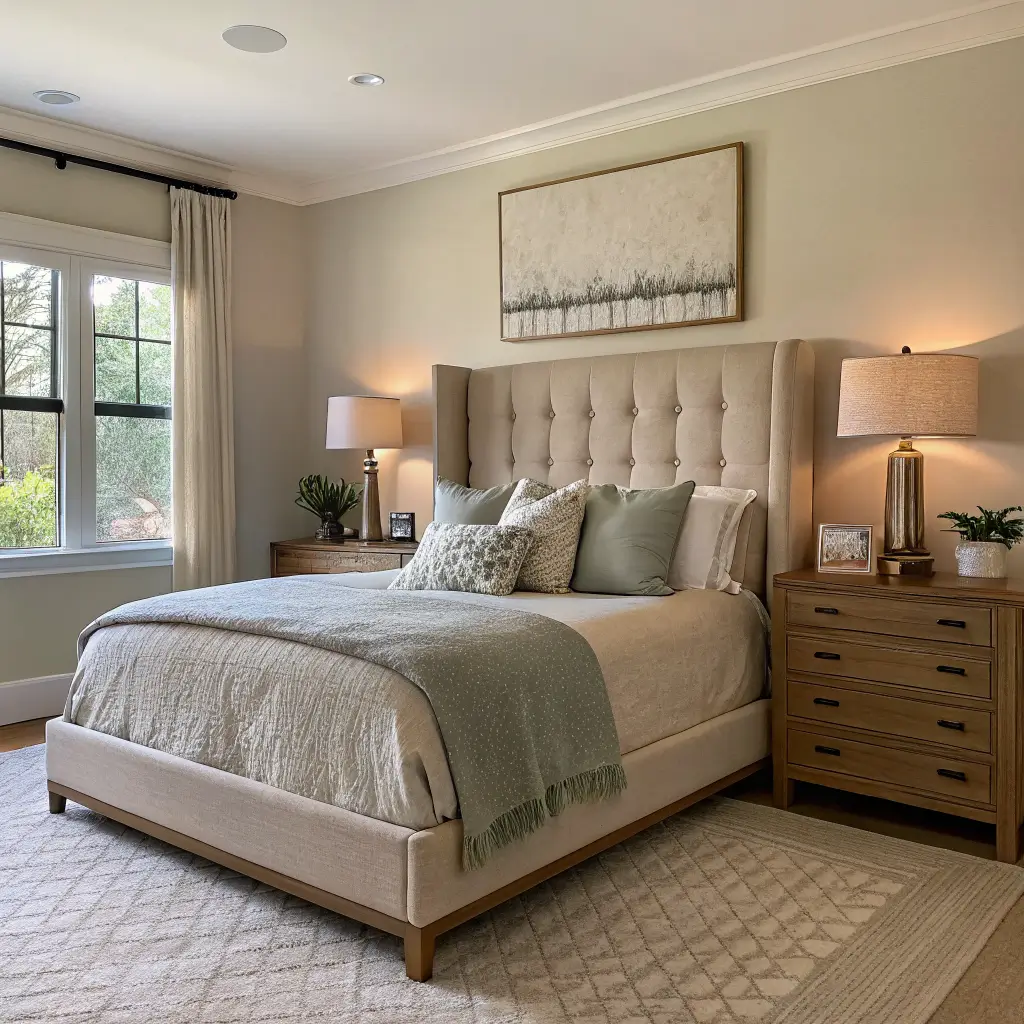 Photorealistic, symmetrical bedroom with tall oatmeal linen wingback headboard, stonewashed linen bedding with a folded sage quilt, oak nightstands with brass lamps, and a large abstract print above, lit by soft left window light.