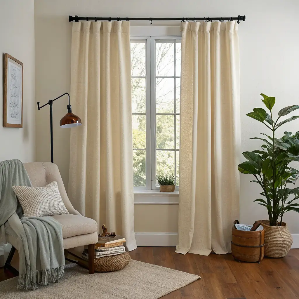 Late-afternoon bedroom window with cream linen curtains, snake plant in terracotta pot, and oatmeal reading chair with sage throw in warm golden light.