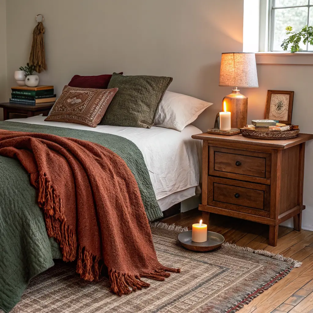 Autumn-styled bedroom with rust wool throw, green and burgundy pillows, glowing lamp and sandalwood candle on walnut nightstand, and vintage rust rug in warm evening light.