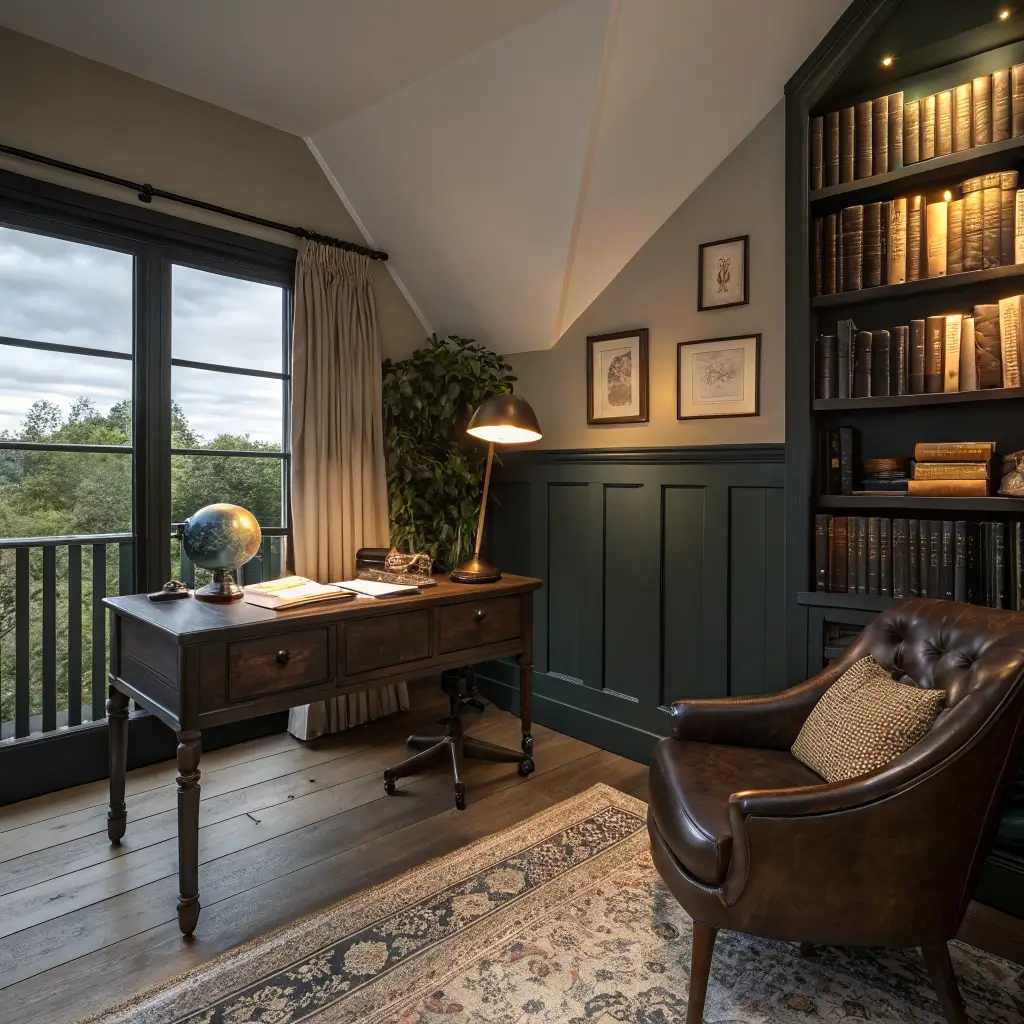 Photorealistic dark academia home office at dusk with charcoal-black walls, walnut desk lit by a glowing brass banker’s lamp, green velvet chair, oxblood curtains, and vintage Persian rug.