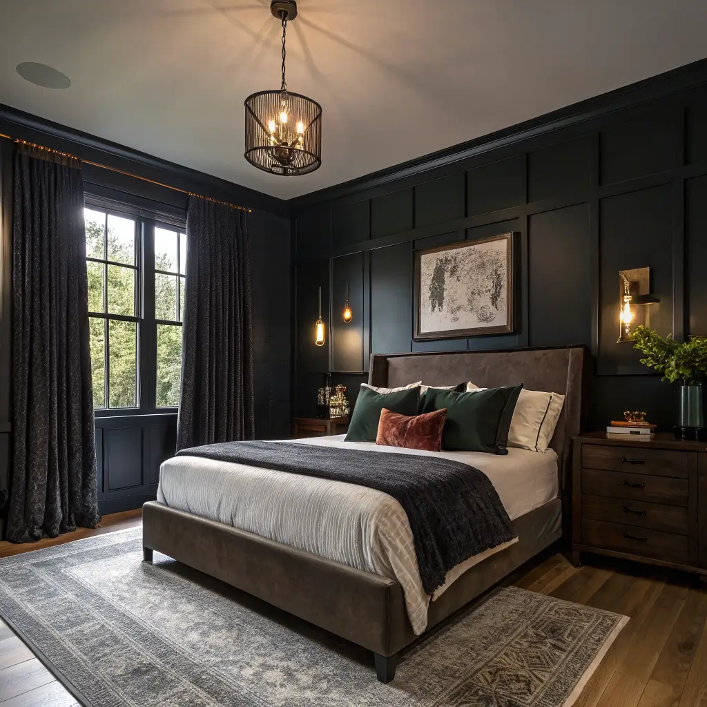 Photorealistic modern gothic bedroom at blue hour with black walls, black oak four-poster bed, charcoal linen and oxblood velvet bedding, dark walnut floor, heavy linen curtains, warm brass sconce lighting, and a muted rust wool rug.