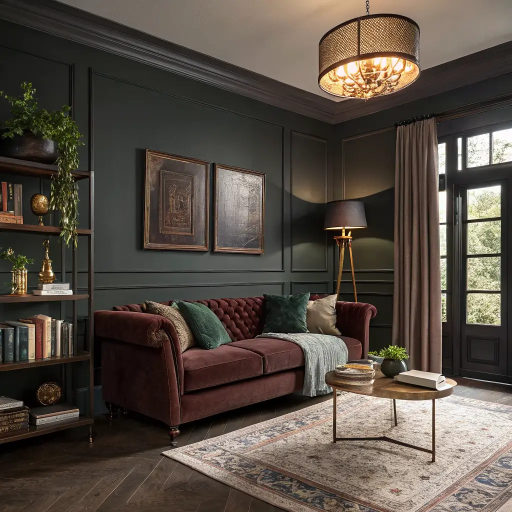 Photorealistic moody living room with charcoal velvet sofa, brass floor lamp, dark walnut coffee table with candles and books, vintage Persian rug, and oxblood velvet curtains in early evening light.