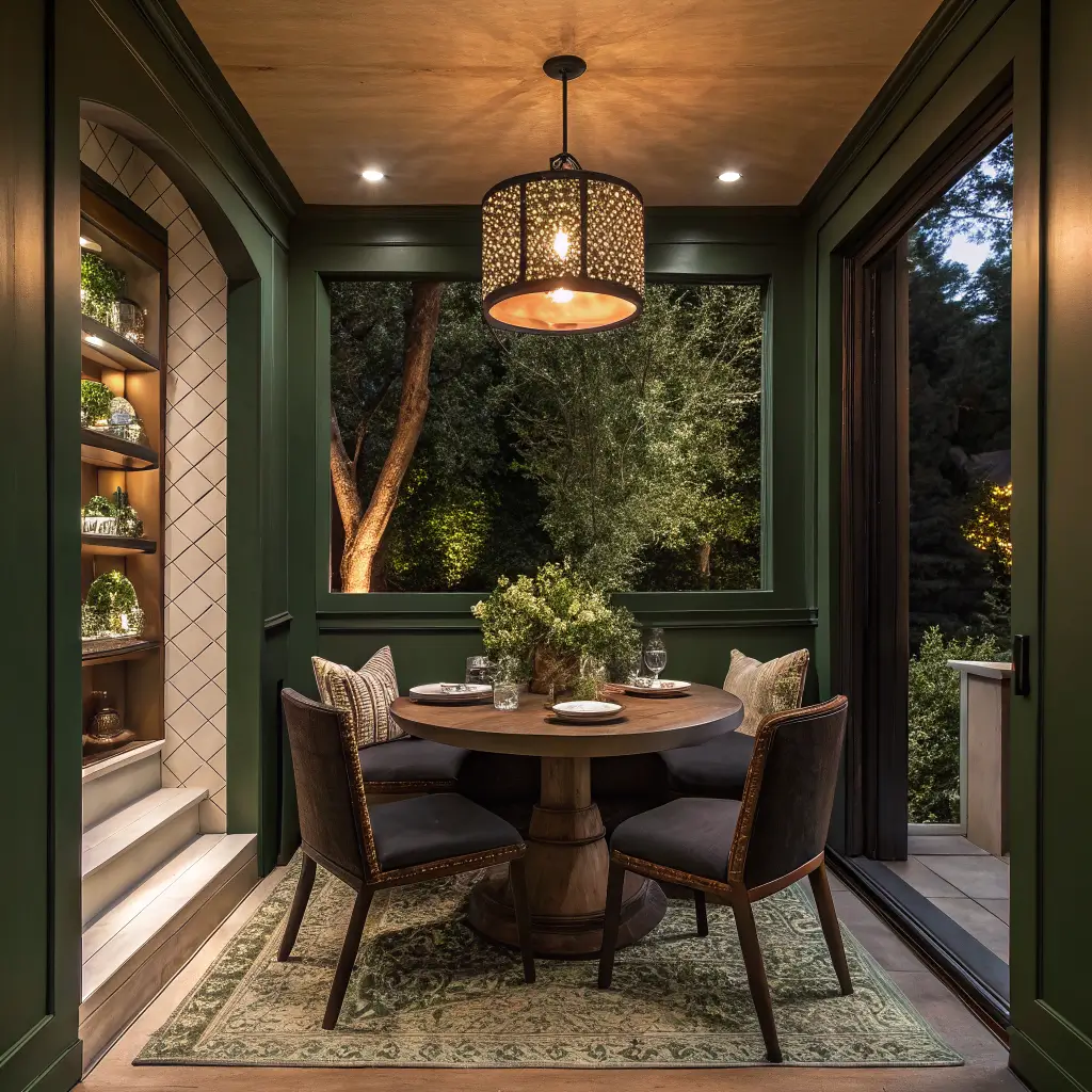 Photorealistic night dining alcove with forest green accent wall, round walnut pedestal table under brass pendant, black oak chairs with oxblood cushions, kilim rug, and candlelit supper-club glow.
