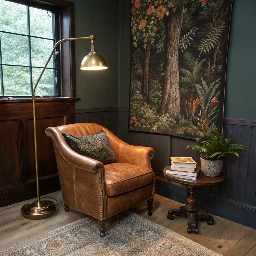 Photorealistic twilight studio reading corner with tan leather club chair, brass banker’s lamp on walnut side table, dark botanical tapestry, green velvet curtains, kilim rug, snake plant, and dark academia mood.