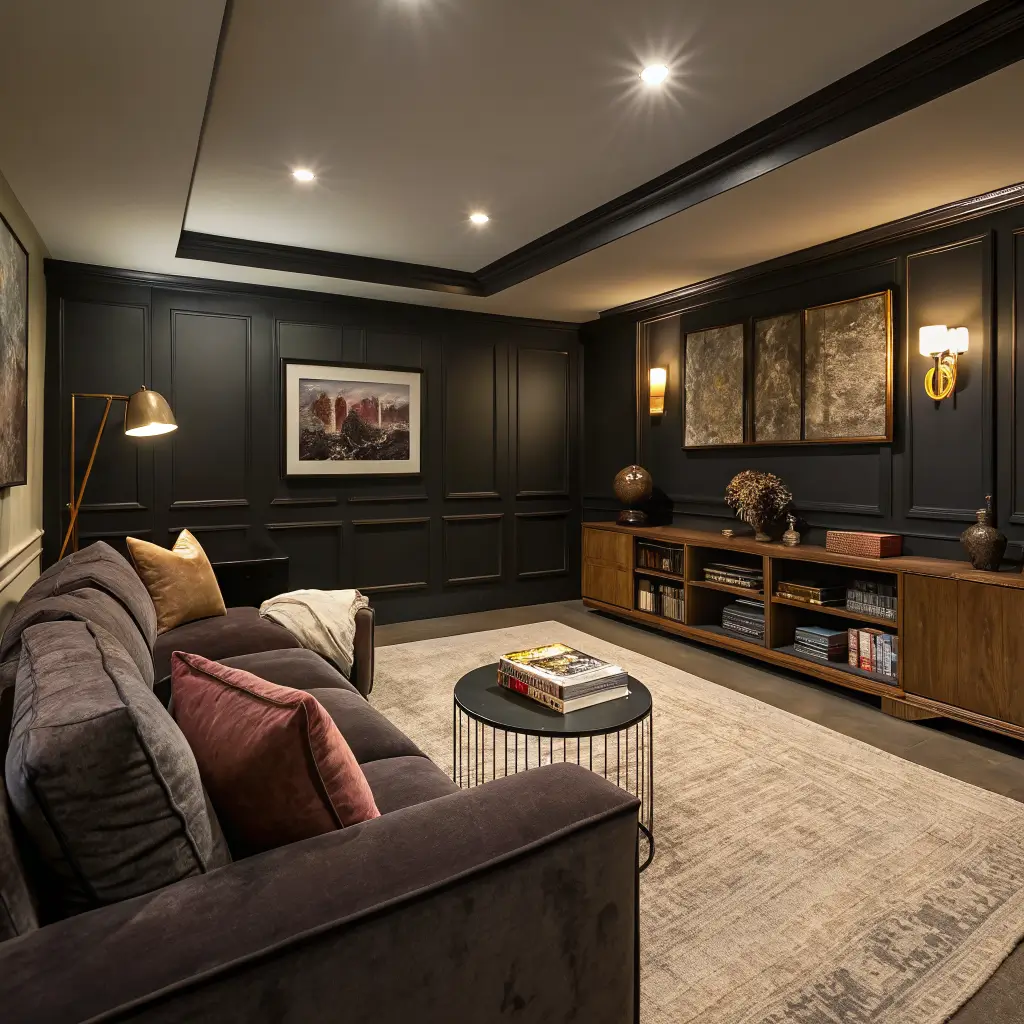 Photorealistic nighttime media room with off-black walls, warm cream ceiling, charcoal velvet sectional with mixed pillows, dark walnut media console with decor, warm brass picture light and LED backlighting, oxblood blackout curtains, and faded rust vintage rug.