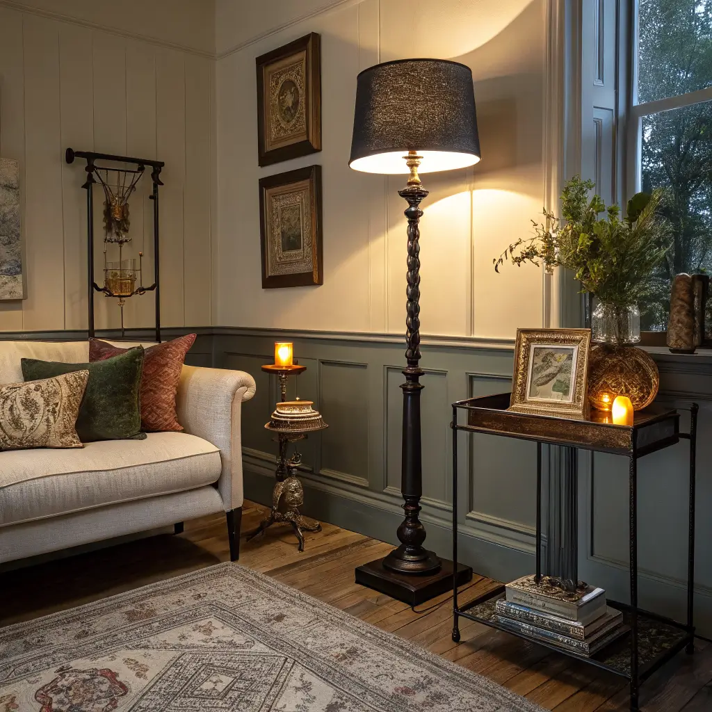 Moody dusk living room with Railings-painted walls, charcoal velvet sofa, Persian rug, layered lamps and candlelight, and a framed botanical print lit by a brass picture light.