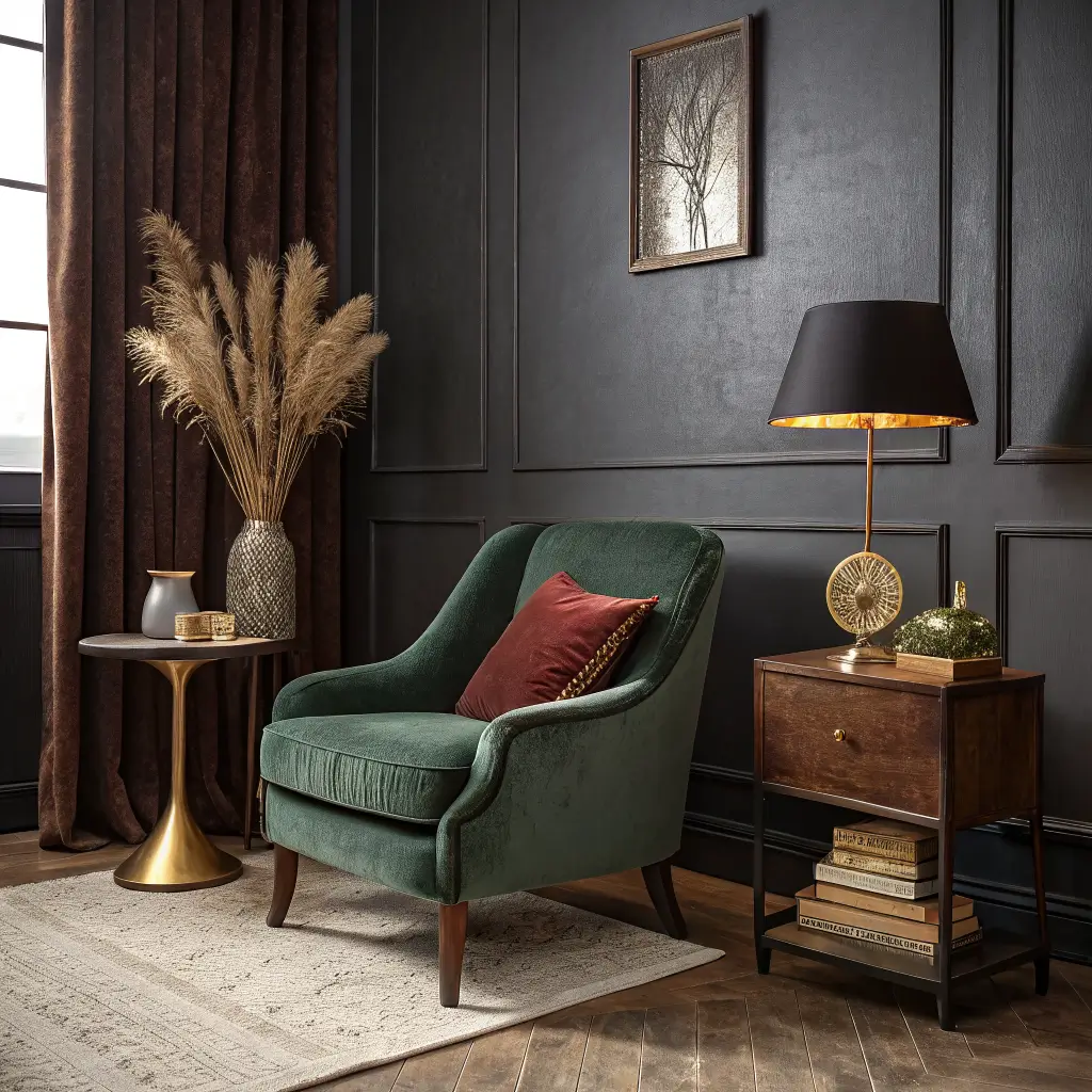 Moody evening living room with charcoal walls, green velvet armchair, walnut side table decor, oxblood curtains, warm brass floor lamp, and vintage kilim rug.