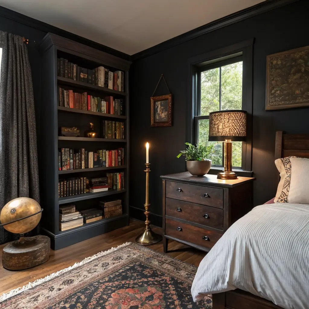 Photorealistic dark academia bedroom with blackened oak bookshelf in spaced odd-numbered groupings, walnut nightstand with glowing brass lamp and pothos, rust vintage rug, and forest green curtains in warm evening light.