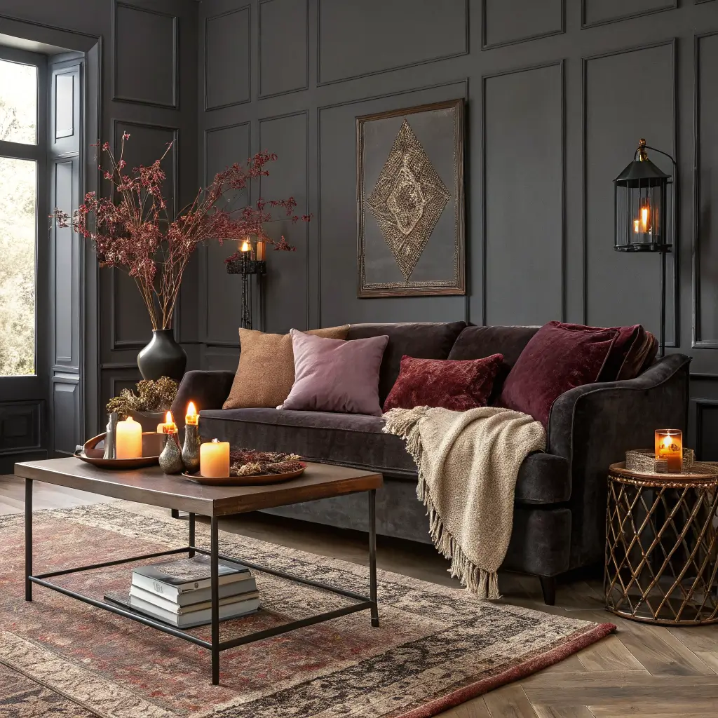 Photorealistic moody fall-winter living room with charcoal walls, velvet sofa with taupe throw and plum pillows, walnut coffee table with dried florals and lit black candles, brass floor lamp, Persian rug, rubber tree, and oxblood velvet curtains.