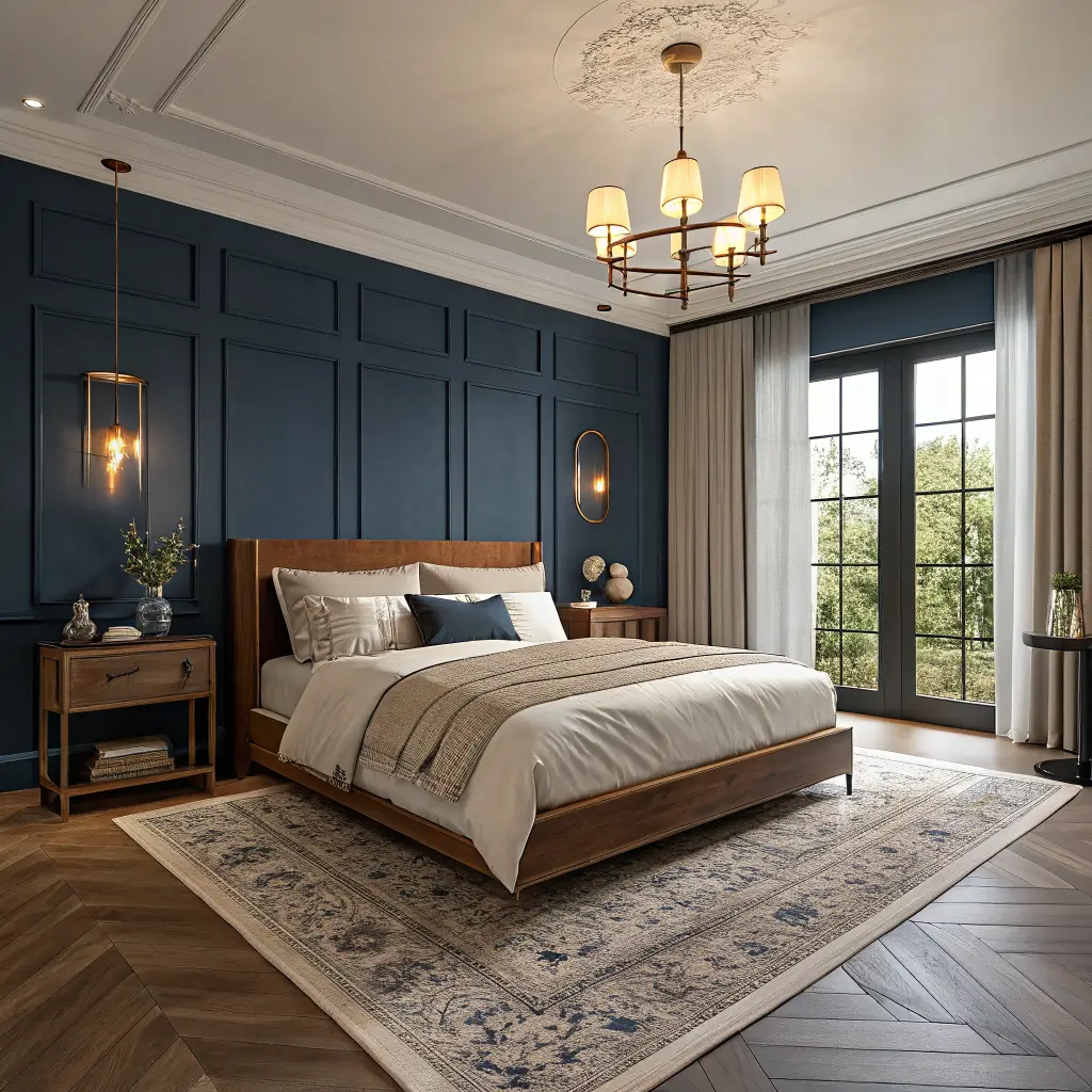 Photorealistic boutique-hotel bedroom at night with deep Hague blue walls, walnut platform bed in cream linen, warm sconces, charcoal rug, and charcoal linen curtains.