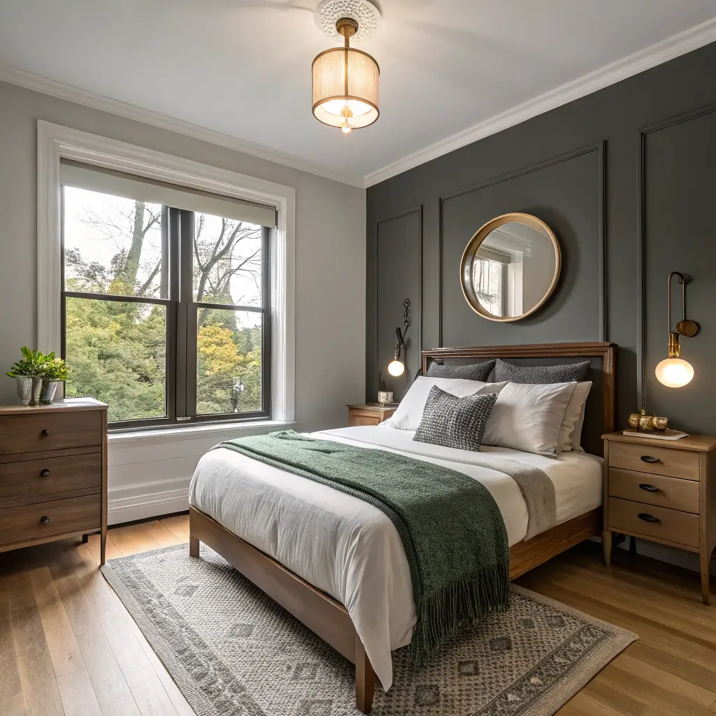 Photorealistic minimalist charcoal-walled apartment bedroom with low walnut bed, oatmeal linen bedding and green throw, round brass mirror, open charcoal curtains, and warm lamp in overcast afternoon light.