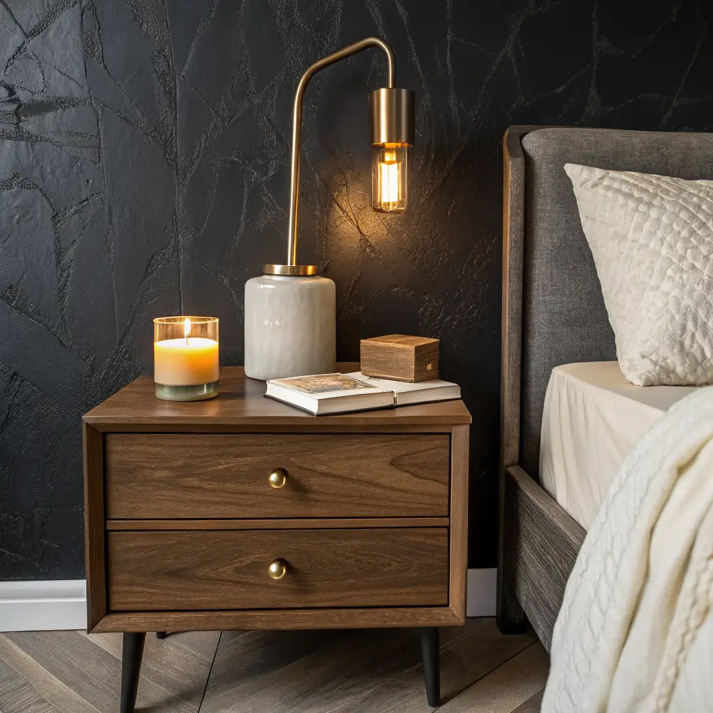 Close-up of a walnut nightstand against a matte black wall, lit by a warm brass sconce, with a ceramic vessel, book, amber candle, and ivory linen bedding.