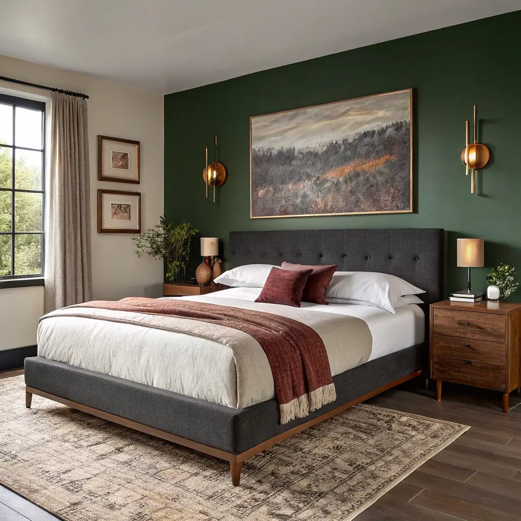 Photorealistic 120-sq-ft guest bedroom with charcoal boucle headboard on a forest green wall, cream linen bedding, brass sconces, and centered abstract art in symmetrical composition.