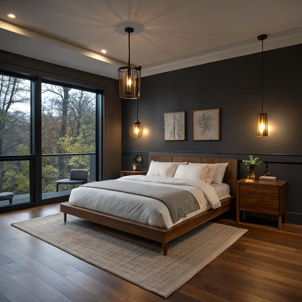 Photorealistic charcoal-walled bedroom at dusk with oak floor, walnut platform bed in ivory linen, and layered warm 2700K lighting from a pendant, brass sconces, and a stoneware table lamp, with half-drawn curtains showing blue twilight.