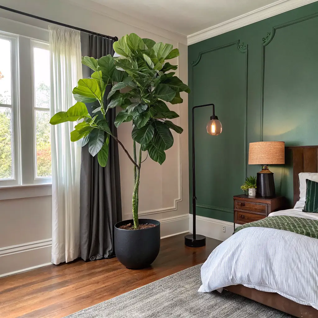 Bedroom corner with a tall fiddle-leaf fig in a black pot lit by a warm arched floor lamp against deep green walls near a walnut bed and charcoal curtain.