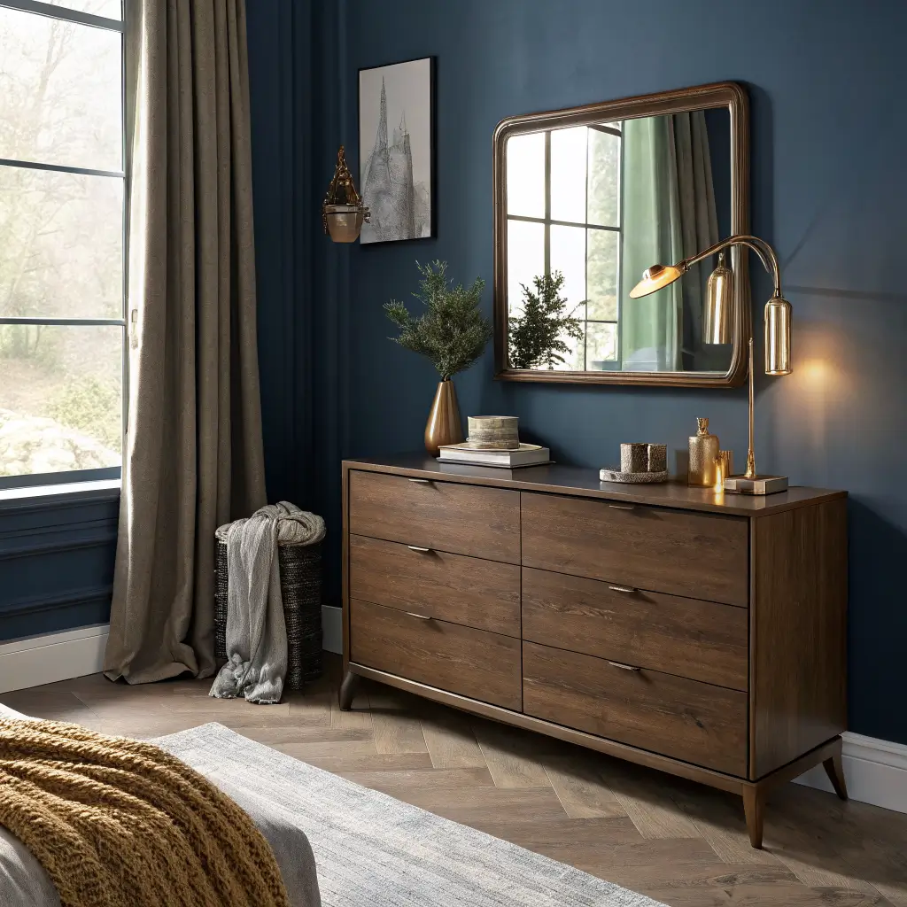 Photorealistic modern bedroom dressing area with walnut dresser against Hague blue wall, three minimal objects, brass-framed mirror, warm lamp, oak floor, and soft morning light.