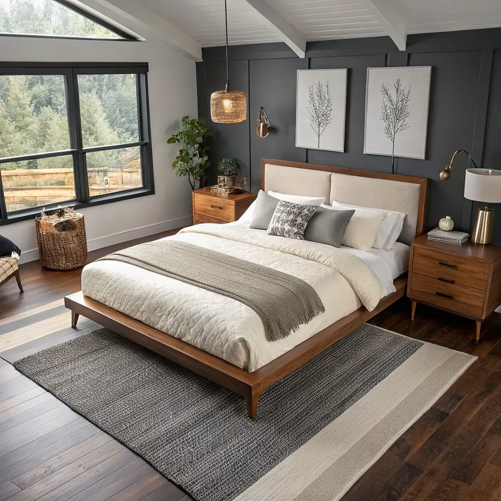 Overhead three-quarter view of a walnut queen platform bed on a large charcoal rug, with matching nightstands and warm brass lamps against matte charcoal walls.