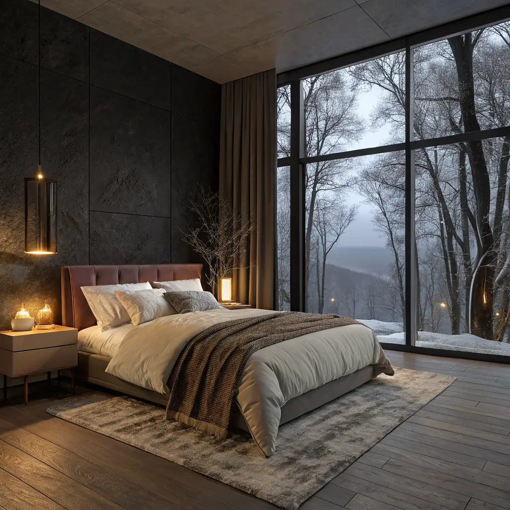 Photorealistic winter-styled dark modern bedroom with matte black walls, walnut bed layered in ivory linens, oatmeal wool blanket, cream faux fur throw, burgundy velvet pillow, and warm candle and brass sconce glow.