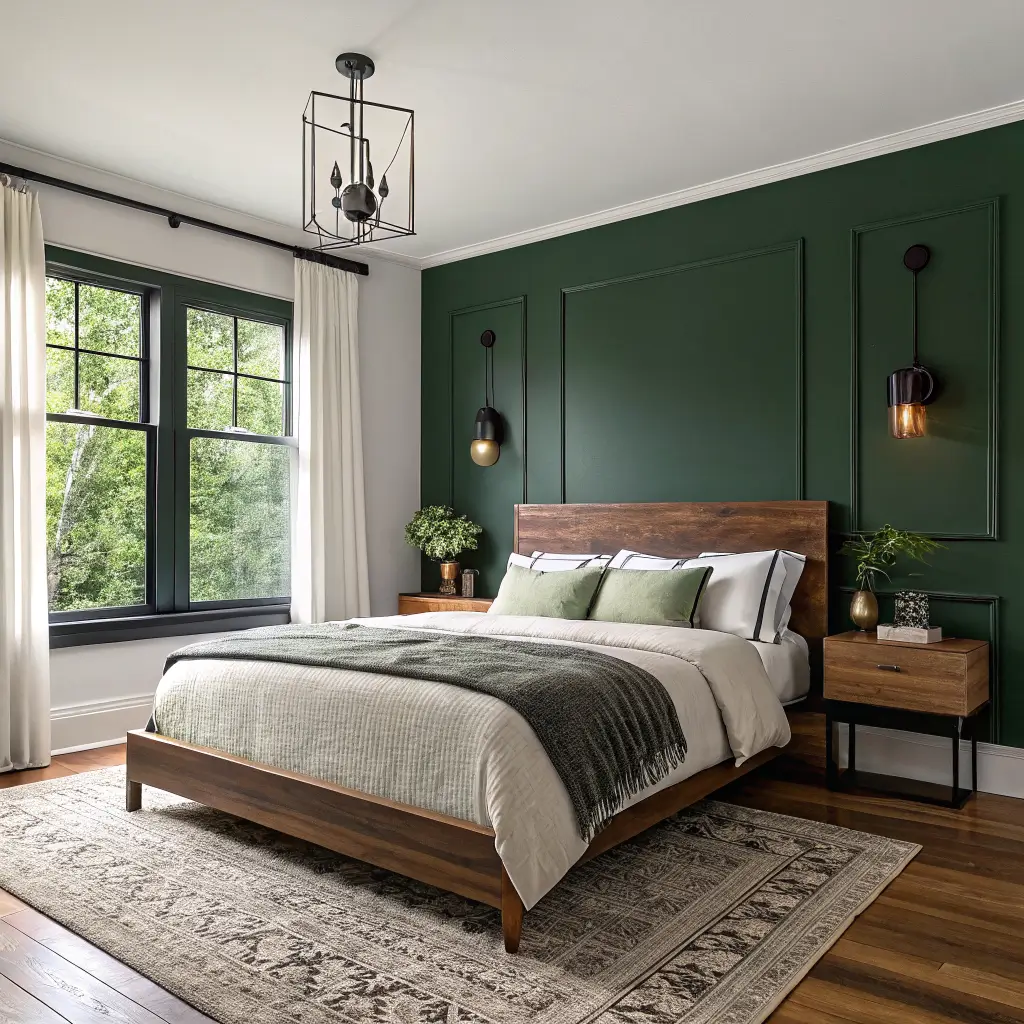 Photorealistic bedroom with deep forest green accent wall behind a walnut platform bed, charcoal walls and rug, warm sconces, cream linens, charcoal curtains, and botanical canvas above.