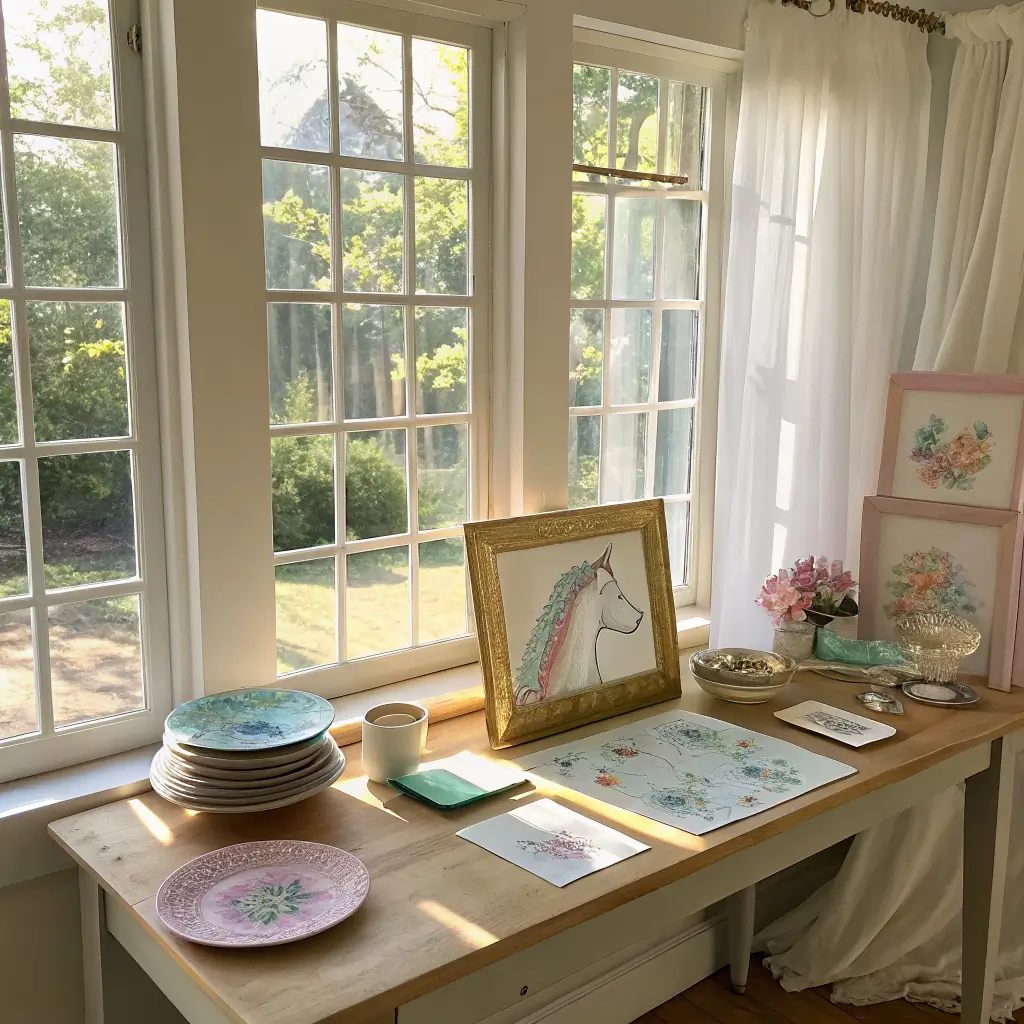 Sunlit craft studio workspace with three DIY unicorn picture frames on a pale oak table, pastel paper scraps, and gold foil in an airy kawaii nursery aesthetic.