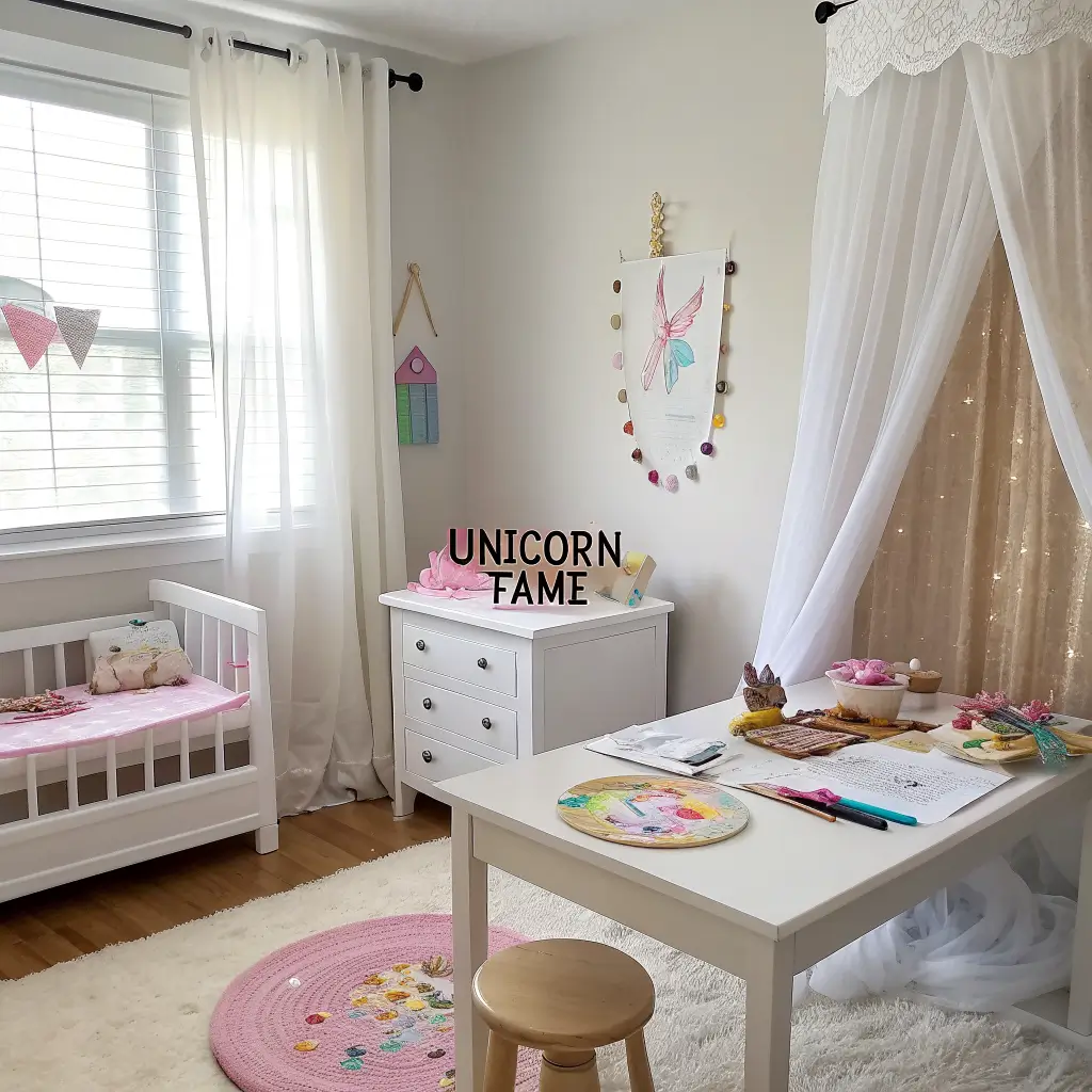 Paper plate unicorn craft on a white play table in a little girl’s sunlit bedroom, surrounded by crayons, scissors, glue, and pastel foam shapes.