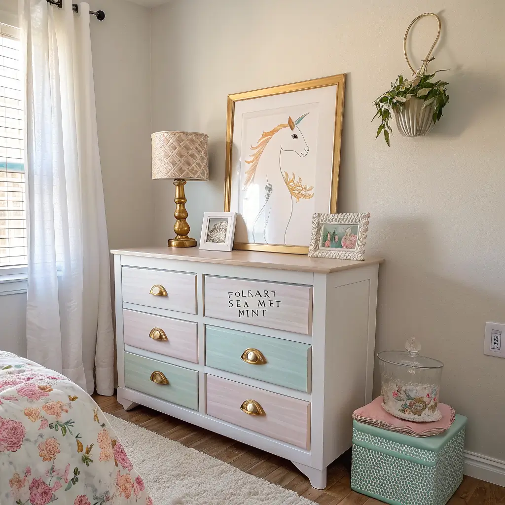 Photorealistic pastel dresser vignette in a lavender bedroom: a mint-to-blush unicorn picture frame with gold horn and paper flowers on a whitewashed oak dresser in warm sunlight, beside a brass tray, jewelry dish, eucalyptus pot, and dusty rose books.