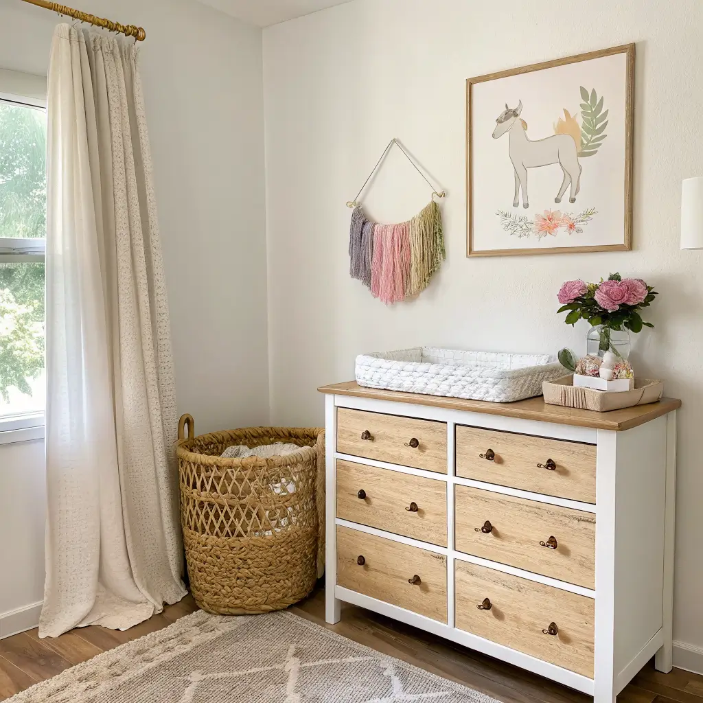 Photorealistic nursery corner with rattan changing dresser and a unicorn shadow box featuring gold horn and pastel paper flowers, lit by soft morning light through linen curtains.