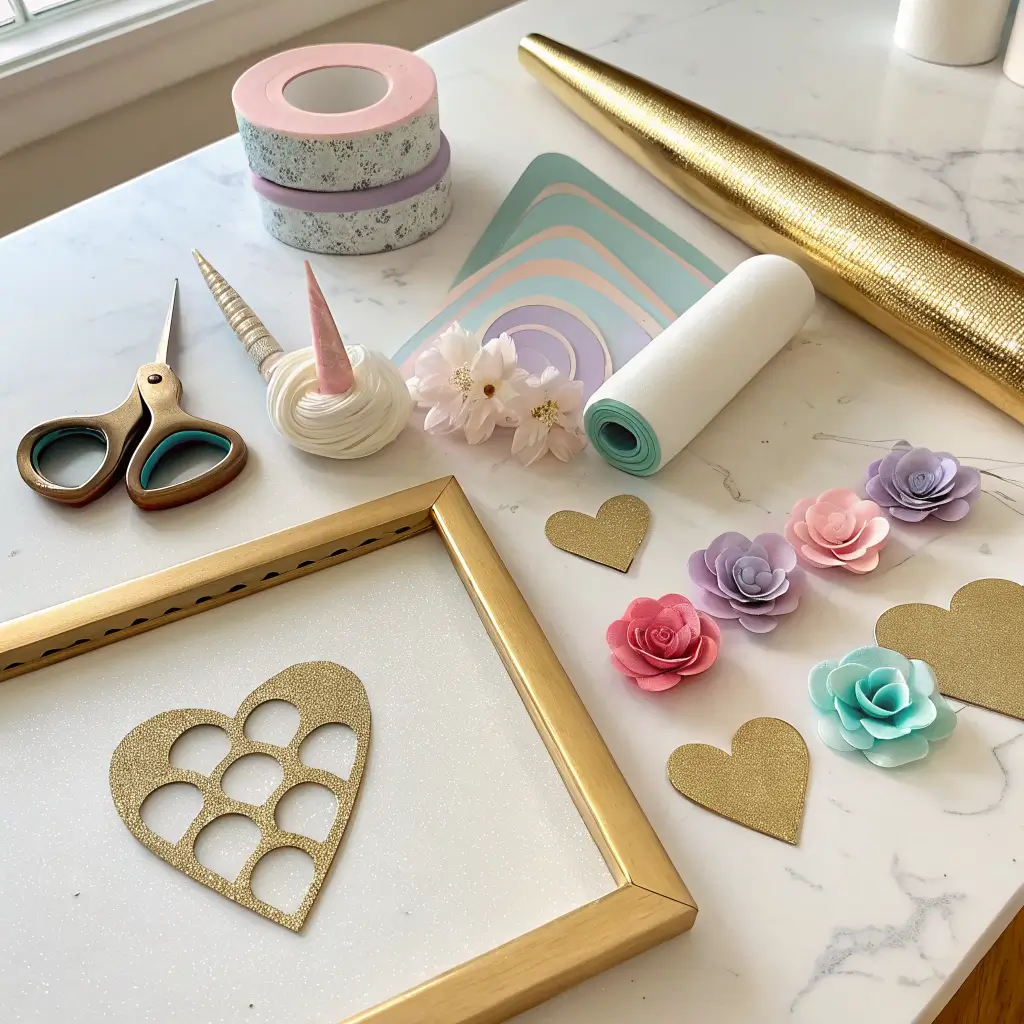 Overhead flat lay of pastel unicorn craft supplies on a cream marble counter, including a gold cardstock horn, foam ears, layered flowers, eyelash decals, unfinished heart frame, and small pots of sequins and gold thread.