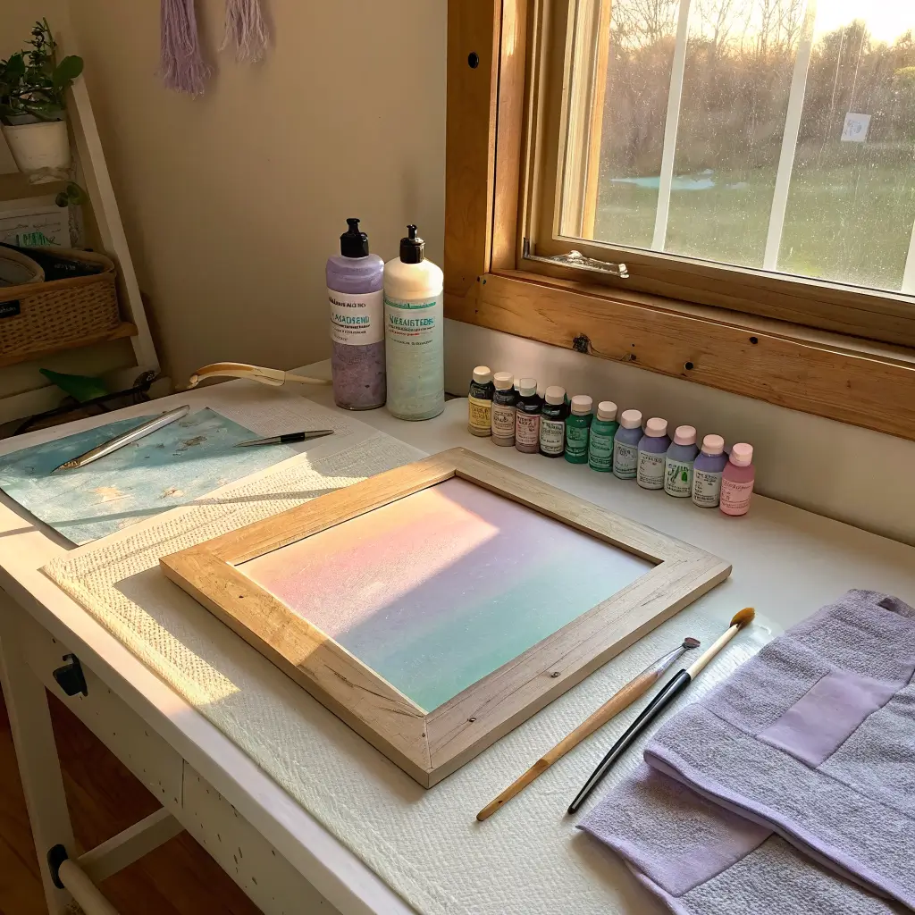Sunlit craft studio table with an unfinished wood frame being painted in pastel pink, lavender, and mint ombre, with foam brushes, FolkArt paint bottles, and sanding tools nearby.