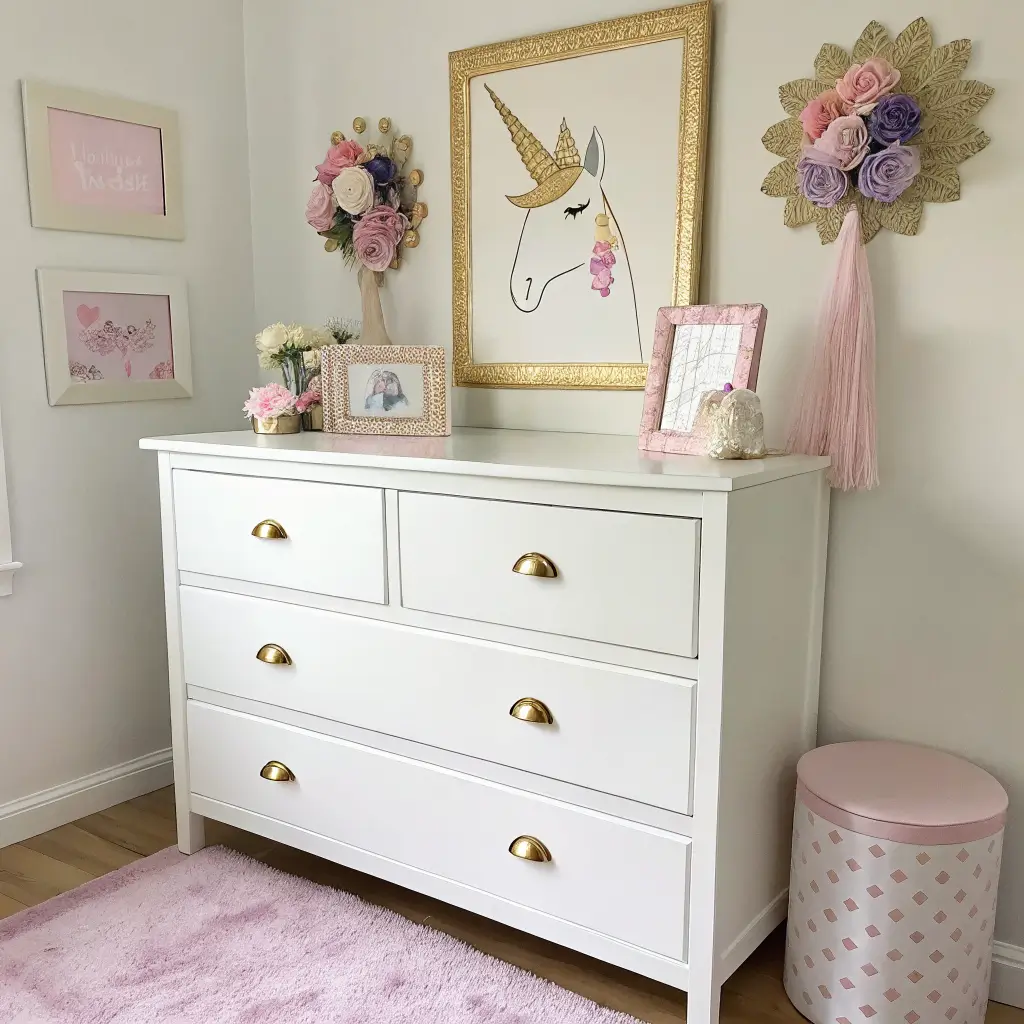 Photorealistic dresser top in a girl’s bedroom with a painted unicorn photo frame featuring a gold foil horn, pastel flowers, foam ears, gold lashes, and a diagonal ruler, compass, and notebook beside it.