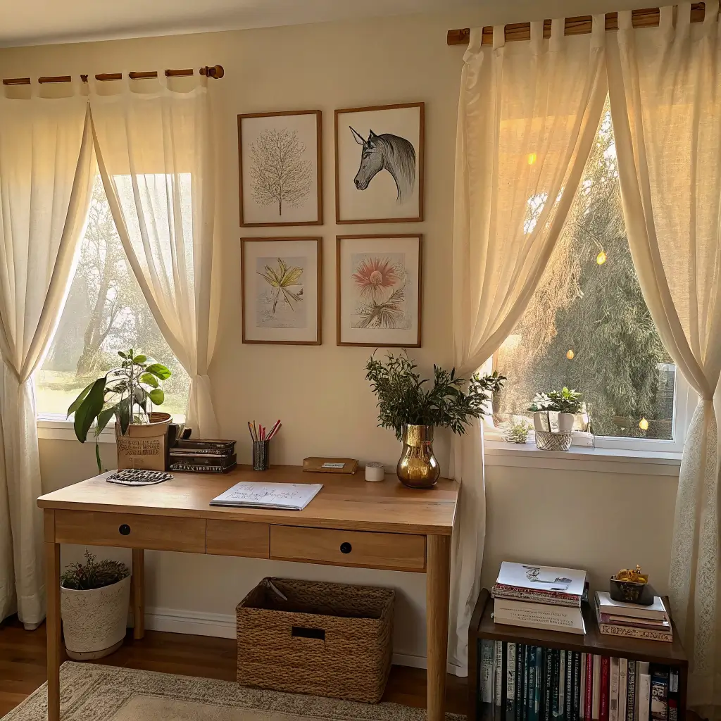 Side-by-side boho and minimalist unicorn shadow boxes above an oak console in a warm, softly lit craft room.