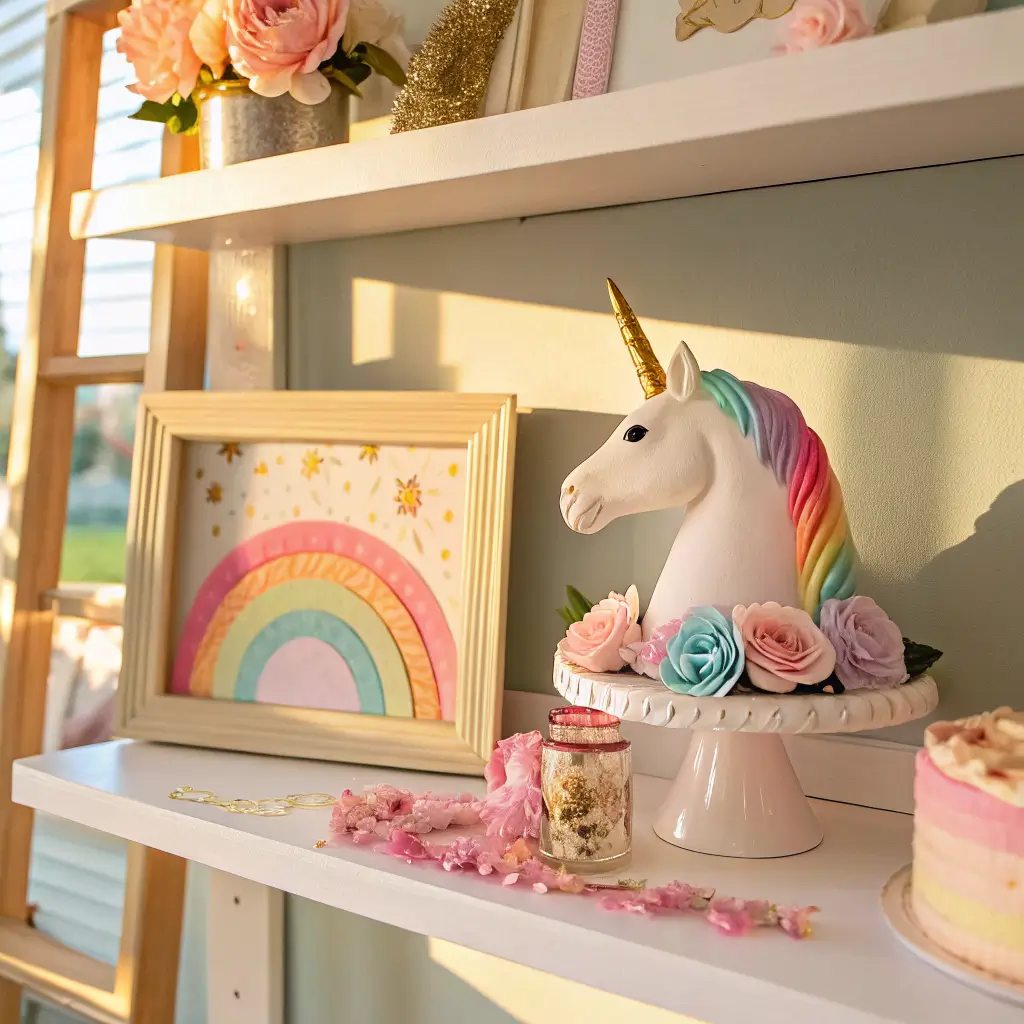 Playroom shelf vignette in golden-hour light with a rainbow-ombre unicorn frame, gold star garland, confetti jar, and napkins on a mini cake stand against blush walls.