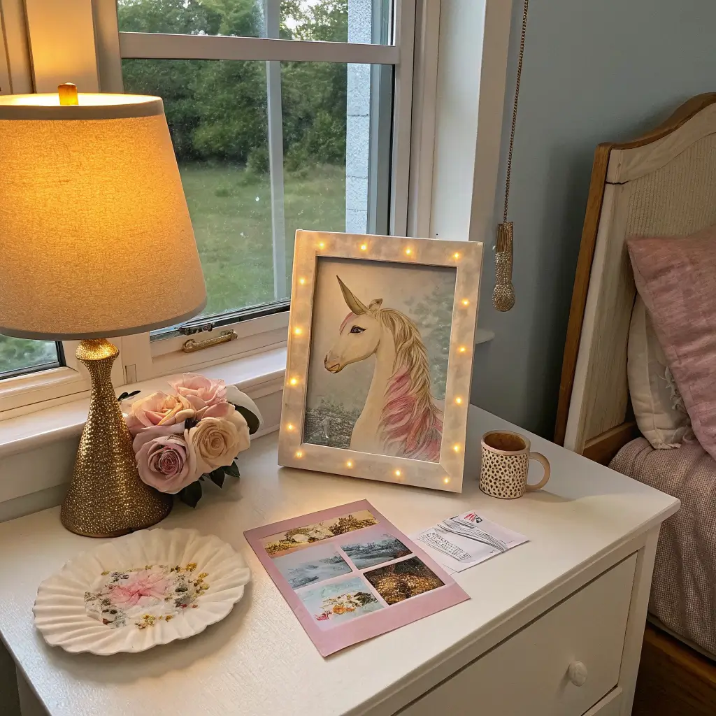 Handmade paper plate unicorn photo frame with cotton ball flowers on a blonde wood nightstand beside a glowing lamp, plush unicorn, storybook, mug of milk, and quilt in a lavender bedroom at dusk.