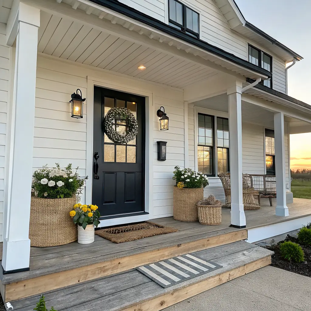 Modern farmhouse porch at golden hour with white shiplap, charcoal door with grapevine wreath, black planters of blush and cream tulips, layered jute and coir mats, and rustic bunny-and-egg decor.