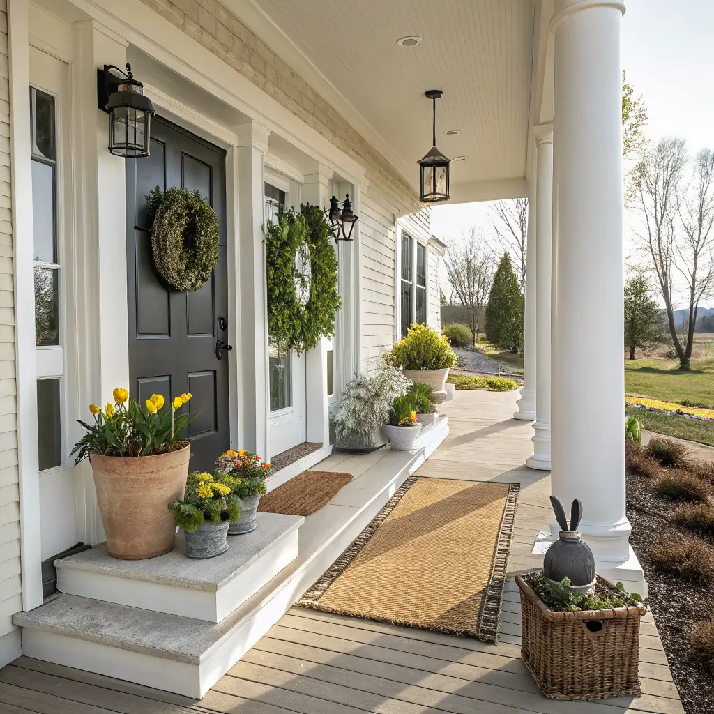 Overhead-angled photo of a covered veranda showing three Easter porch styles side by side: minimal wreath and tulips, mid-range lanterns and bunny decor, and high-end oversized rabbit with lush urn greenery.
