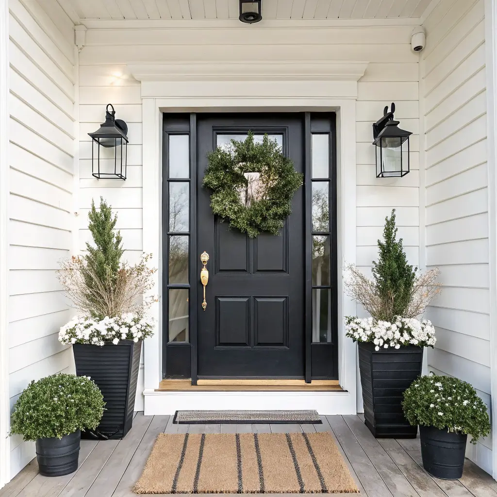 Symmetrical minimalist porch entry with white clapboard, black door, eucalyptus wreath, matching black planters with cream tulips, striped doormat, and lanterns in soft daylight.