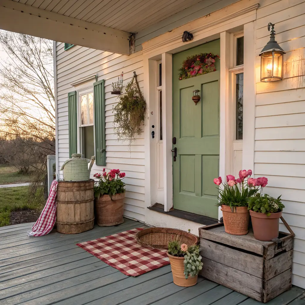 Three-quarter view of a vintage cream cottage porch with a sage green door, tulips in a chipped watering can, potted hyacinths in an apple crate, checkered doormat, grapevine wreath, and basket of wooden eggs in warm sunset light.