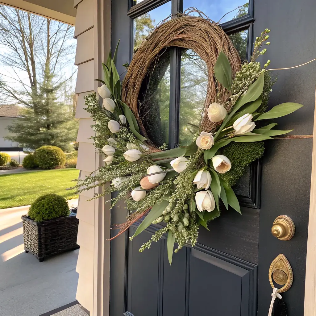 Close-up of an oversized grapevine wreath with white tulips, eucalyptus, wheat, cream ribbon, and blush eggs on a charcoal door with a brass knocker.